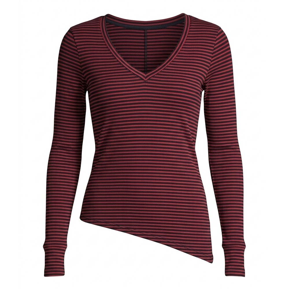 Sundays Zero Red Black Striped V-Neck Long Sleeve Top Asymmetrical Hem Size M